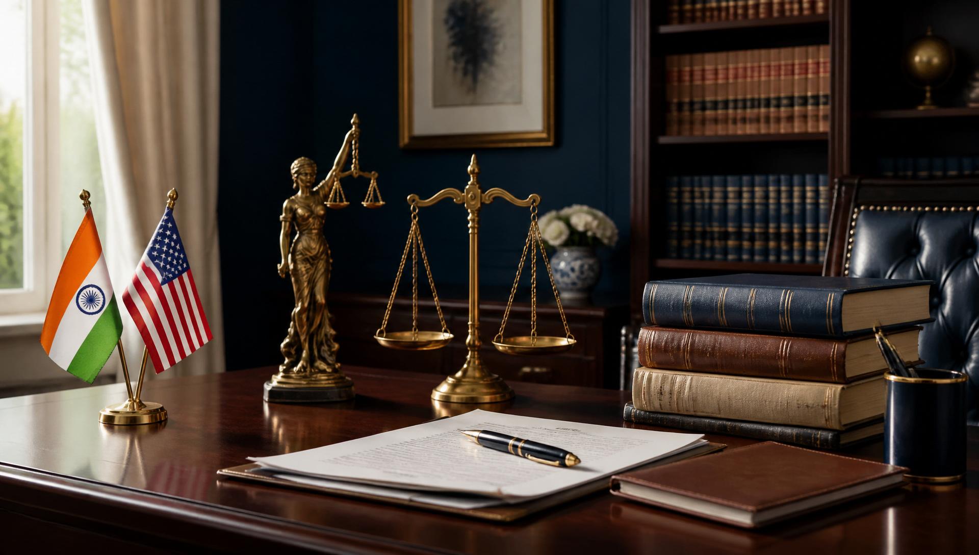 M and A Legal Co. office desk with scales of justice and Indian and American flags